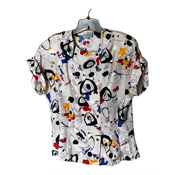 Vintage Madeline Short Sleeve Abstract Button Down Blouse Shirt Top Size 10 - Picture 1 of 10